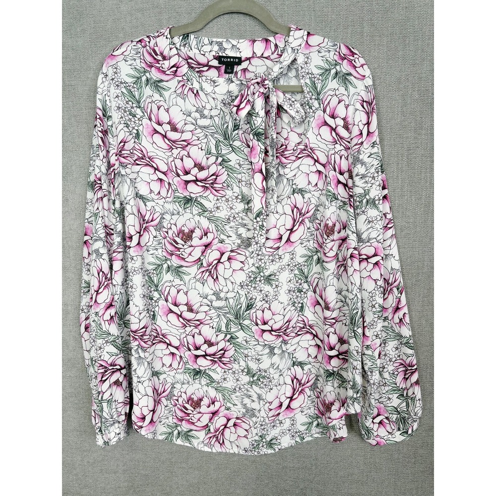 Torrid Top Womens 1X 1 Black White Pink Floral Roses Tie Neck Whimsigoth Office